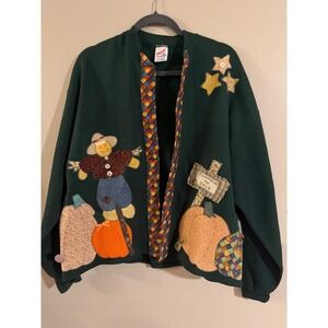 Vintage Jerzees Pumpkin Scarecrow Patchwork Cardigan Sweatshirt Green XL Fall